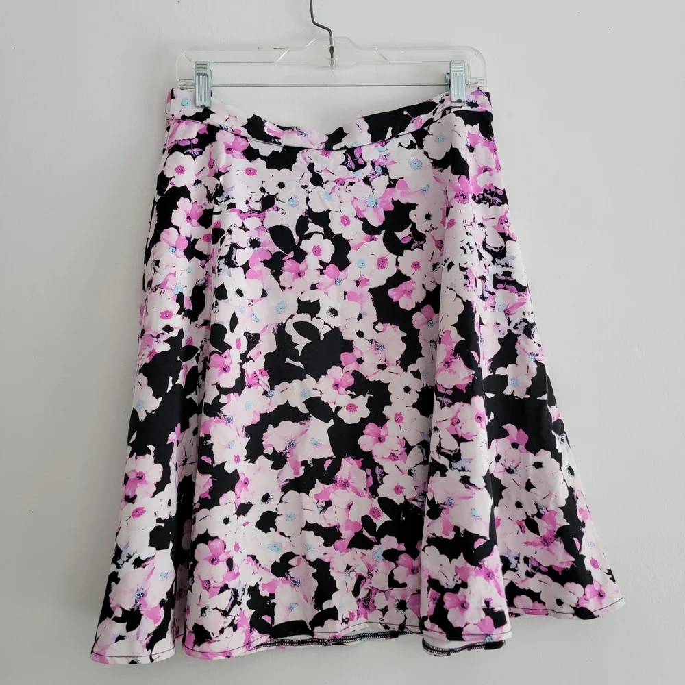 Cynthia Rowley Floral A-Line Skirt - Pink Black Stretch Wide Sweep Medium